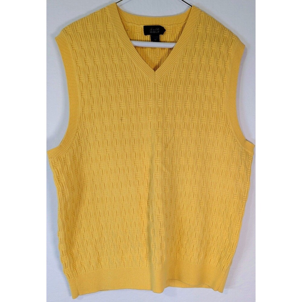 Tasso Elba Golf Sweater Vest Mens Medium Yellow Basketweave Knit 100% Cotton